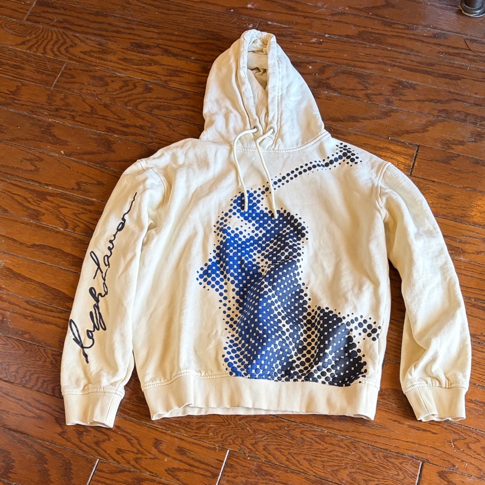 Polo by Ralph Lauren Cream Hoodie with Blue Dot Portrait and Script Sleeve